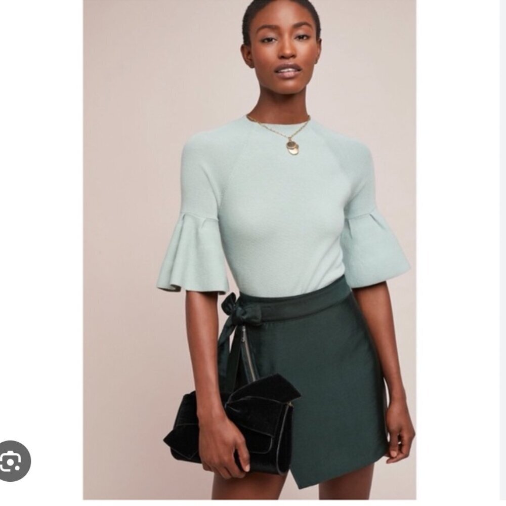 ANTHROPOLOGIE Moth Celdaon Green Flutter Sleeve Sweater Top Size Small